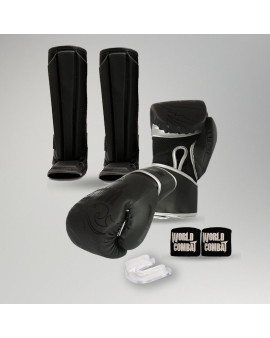 Kit Muay Thai: Luva World Combat Shock Black Silver + Caneleira + Bucal + Bandagem