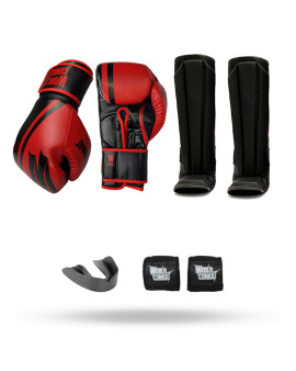 Kit: Luva World Combat Pro Serie Vermelha + Bucal + Bandagem + Caneleira World Combat