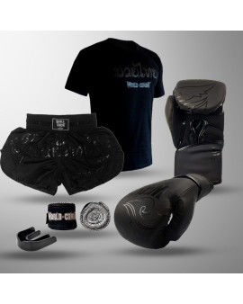 Kit Fight: Luva World Combat Shock + Bucal + Bandagem + Short Muay Thai + Camiseta