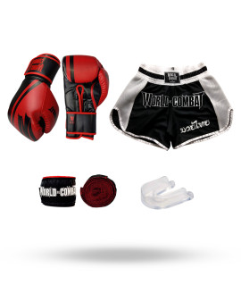 Kit Luva World Combat Pro Serie Vermelha + Bucal + Bandagem + Short World Combat