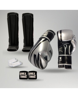 Kit: Luva World Combat Pro Serie Preto e Prata + Bucal + Bandagem + Caneleira World Combat