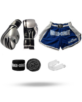 Kit: Luva World Combat Pro Serie + Bucal + Bandagem + Short Muay Thai Retro Azul