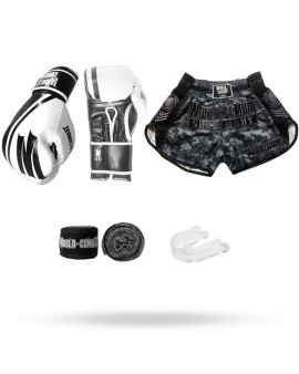 Kit: Luva World Combat Pro Serie + Bucal + Bandagem + Short Muay Thai Army Ghost