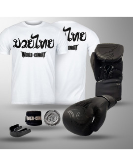 Kit Fight: Luva World Combat Shock + Bucal + Bandagem + Camiseta Muay Thai