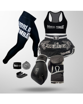 Kit: Luva World Combat Shock + Bucal + Bandagem + Short Muay Thai + Calça Legging + Top