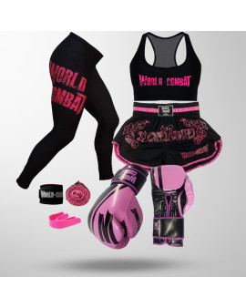 Kit: Luva World Combat Pro Serie + Bucal + Bandagem + Short Muay Thai + Calça Legging + Top