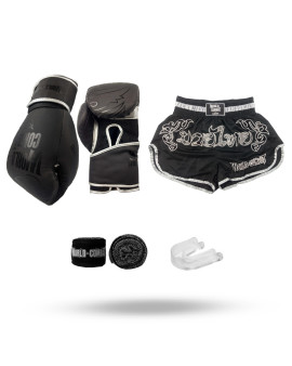 Kit: Luva World Combat Shock Black Silver + Short + Bucal + Bandagem
