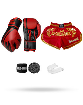 Kit Muay Thai: Luva World Combat Pro Serie + Bucal + Bandagem + Short Muay Thai Red Gold