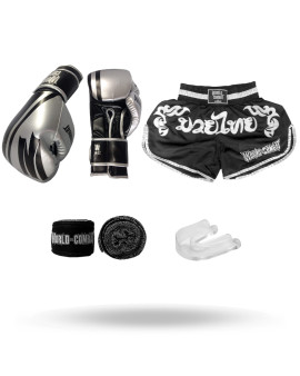 Kit: Luva World Combat Pro Serie Prata + Bucal + Bandagem + Short World Combat