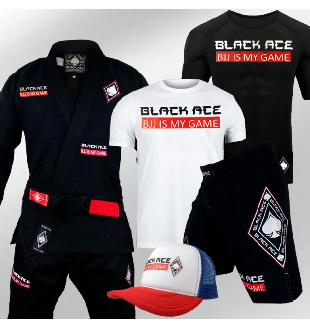Kit Black Ace BJJ Is My Game: Kimono + Rash Guard + Bermuda + Camiseta + Boné 