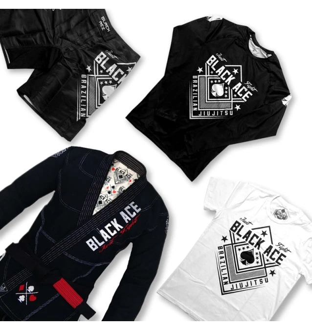 Kit: Kimono Black Ace Just Fight + Camiseta Black Ace + Rash Guard Black Ace + Bermuda Black Ace