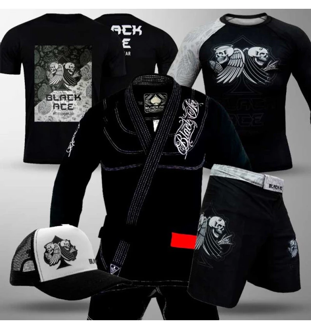Kit: Kimono Black Ace Player + Rash Guard + Bermuda + Camiseta + Boné