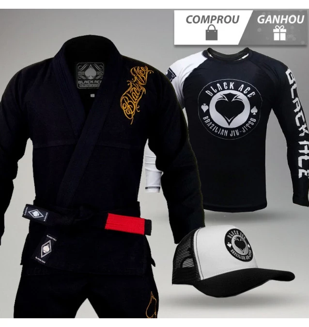 Kit: Kimono Black Ace Player + Rash Guard + Boné + Bermuda de Brinde