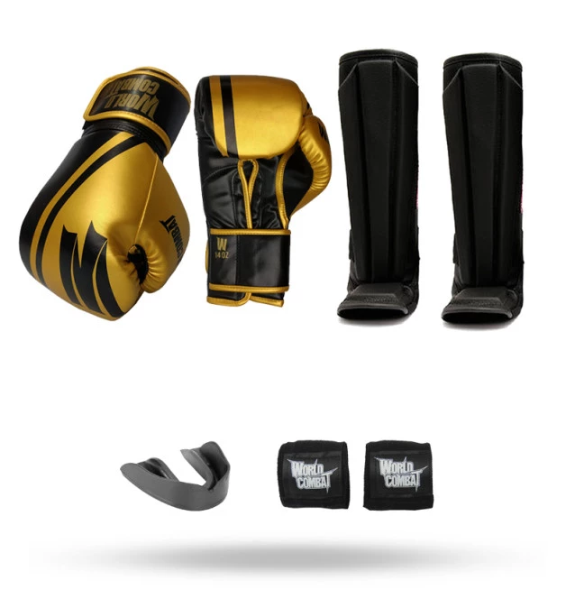 Kit: Luva World Combat Pro Serie Preta + Bucal + Bandagem + Caneleira World Combat