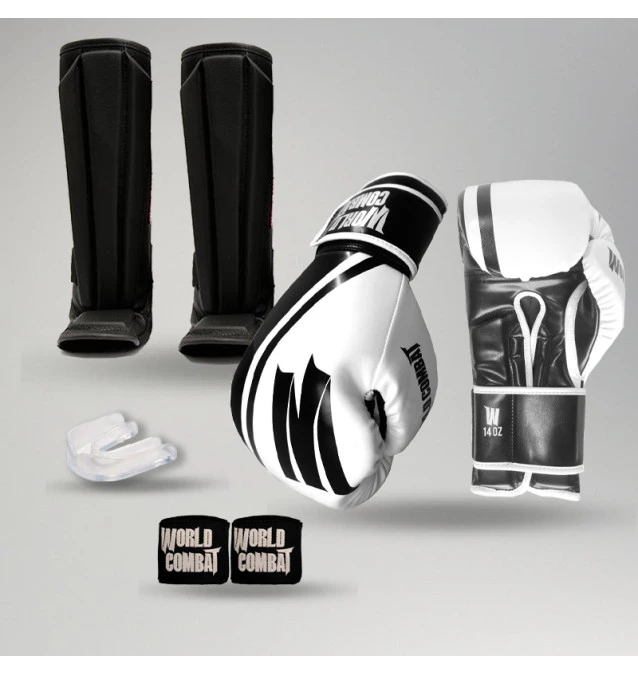 Kit: Luva World Combat Pro Serie Preto e Branco + Bucal + Bandagem + Caneleira World Combat