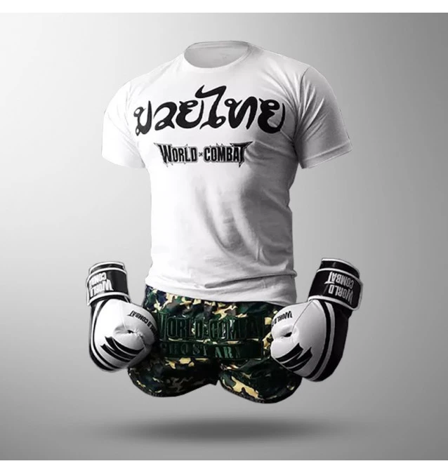 Kit: Luva World Combat Pro Serie + Bucal + Bandagem + Short Muay Thai Army Ghost + Camiseta