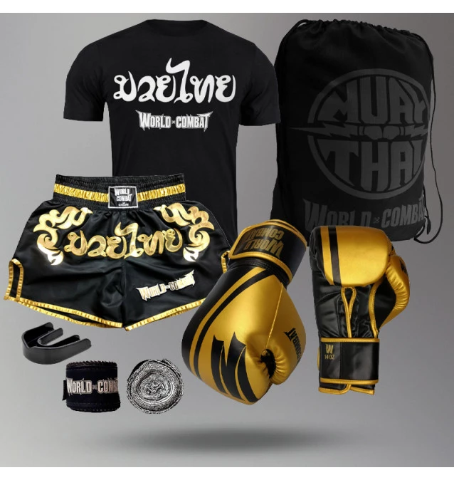 Kit Fight: Luva World Combat Pro Serie + Bucal + Bandagem + Short Muay Thai + Mochila + Camiseta