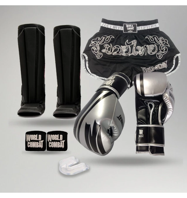Kit Fight: Luva World Combat Pro Serie + Bucal + Bandagem + Short Muay Thai + Caneleira