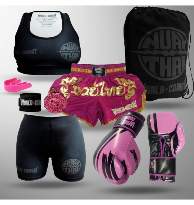 Kit: Luva World Combat Pro Serie + Bucal + Bandagem + Short Muay Thai + Mochila + Top + Short Compressão
