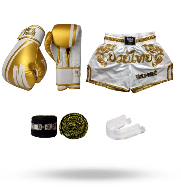Kit: Luva World Combat Pro Serie Branca + Bucal + Bandagem + Short World Combat