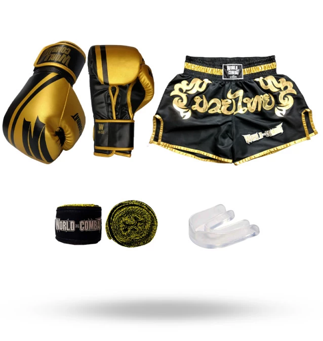 Kit: Luva World Combat Pro Serie Preta + Bucal + Bandagem + Short World Combat