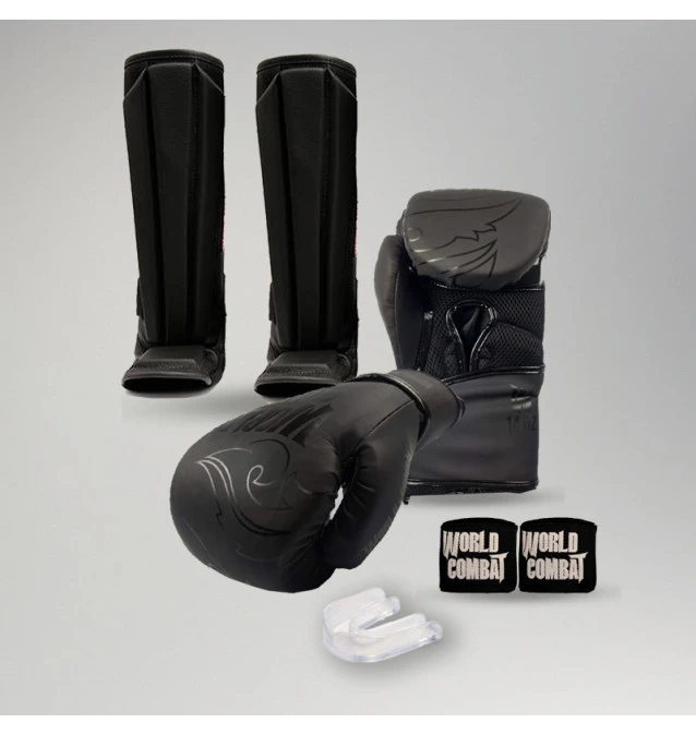 Kit Muay Thai: Luva World Combat Shock Black Black + Caneleira + Bucal + Bandagem