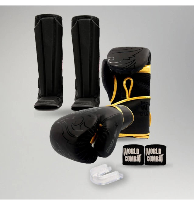 Kit Muay Thai: Luva World Combat Shock Black Gold + Caneleira + Bucal + Bandagem