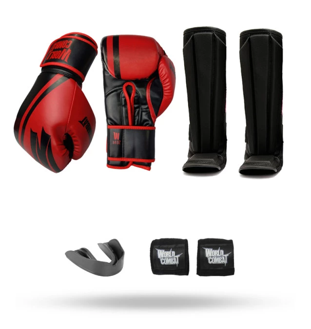 Kit: Luva World Combat Pro Serie Vermelha + Bucal + Bandagem + Caneleira World Combat