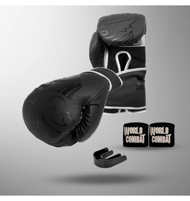 Kit: Luva World Combat Shock Black Silver + Bucal + Bandagem