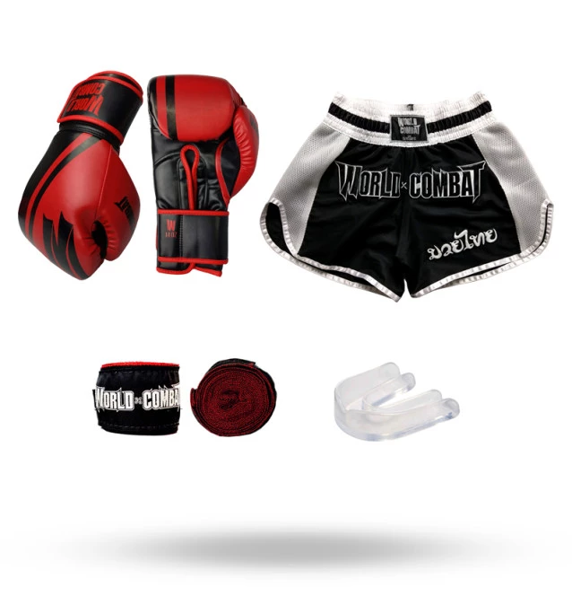 Kit Luva World Combat Pro Serie Vermelha + Bucal + Bandagem + Short World Combat