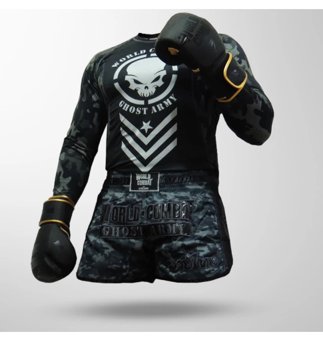 Kit Fight Ghost Army Chumbo: Luva World Combat Shock + Bucal + Bandagem + Short Muay Thai + Rash Guard