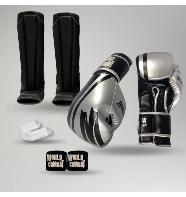 Kit: Luva World Combat Pro Serie Preto e Prata + Bucal + Bandagem + Caneleira World Combat