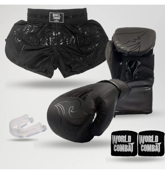 Kit: Luva World Combat Shock Black Black + Short + Bucal + Bandagem
