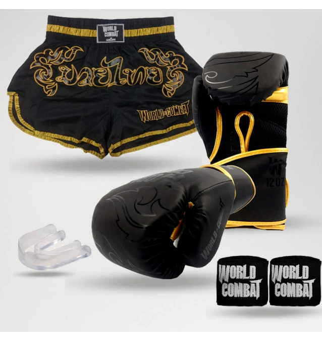 Kit: Luva World Combat Shock Black Gold + Short + Bucal + Bandagem