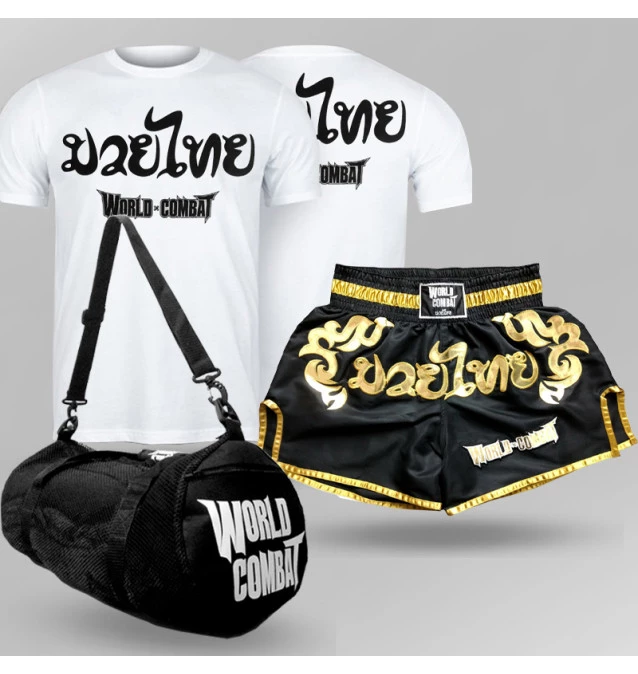 Kit: Short Muay Thai World Combat Thailand Style + Bolsa World Combat Fight Camp + Camiseta Muay Thai