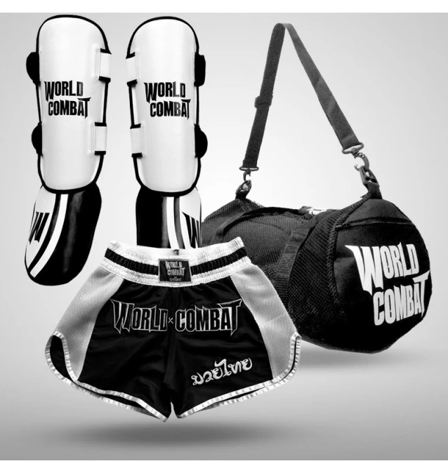 Kit: Caneleira Muay Thai Profissional + Short Muay Thai World Combat Thailand Style Retro + Bolsa World Combat Fight Camp
