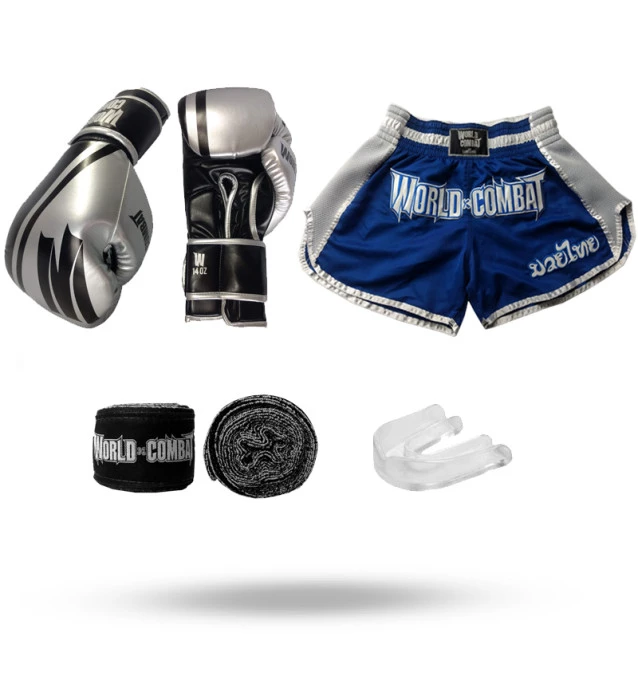Kit: Luva World Combat Pro Serie + Bucal + Bandagem + Short Muay Thai Retro Azul