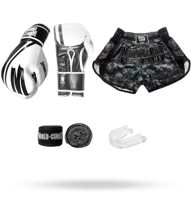 Kit: Luva World Combat Pro Serie + Bucal + Bandagem + Short Muay Thai Army Ghost