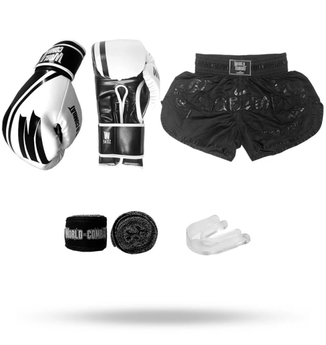 Kit: Luva World Combat Pro Serie Branca + Bucal + Bandagem + Short World Combat