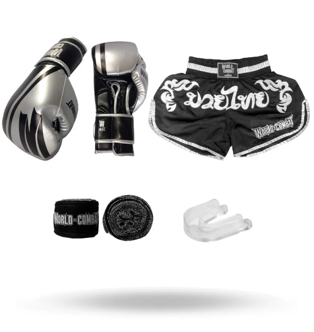 Kit: Luva World Combat Pro Serie Prata + Bucal + Bandagem + Short World Combat