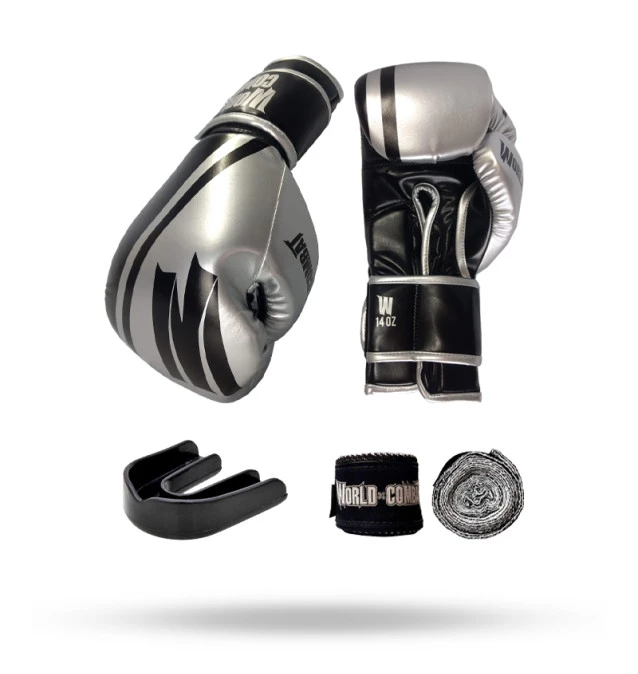 Kit: Luva World Combat Pro Serie Prata + Bucal + Bandagem