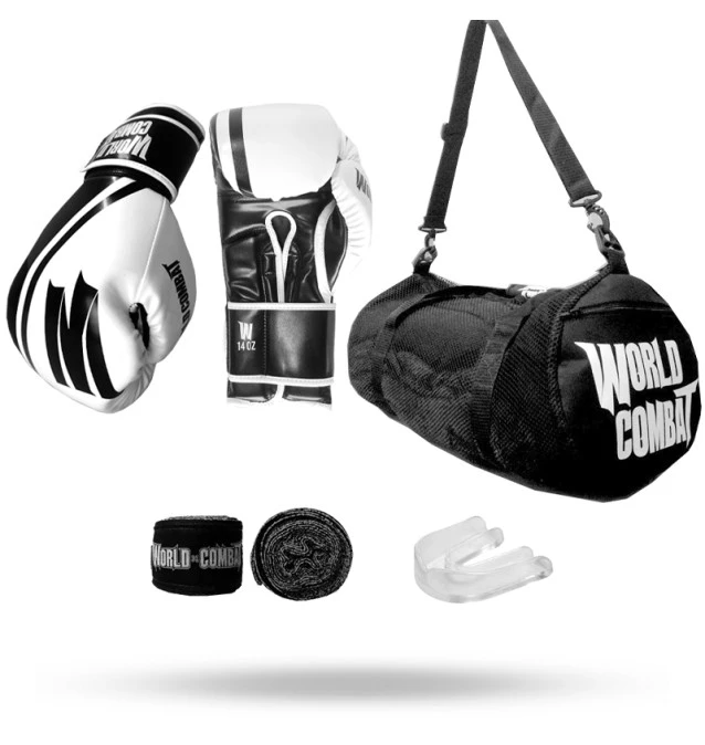 Kit: Luva World Combat Pro Serie Branca + Bucal + Bandagem + Bolsa World Combat