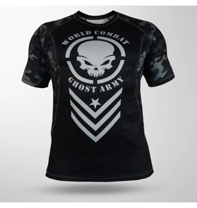 Rash Guard World Combat Ghost Army Manga Curta - Preto e Camuflado Chumbo