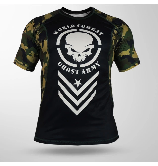 Rash Guard World Combat Ghost Army Manga Curta - Preto e Camuflado Verde
