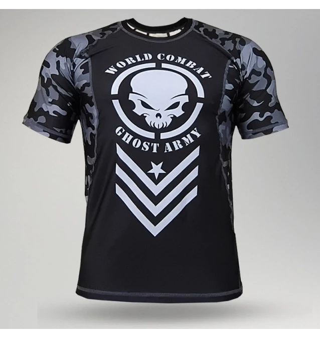 Rash Guard World Combat Ghost Army Manga Curta - Preto e Camuflado Chumbo Rash Guard World Combat Ghost Army Manga Curta - Preto e Camuflado Chumbo