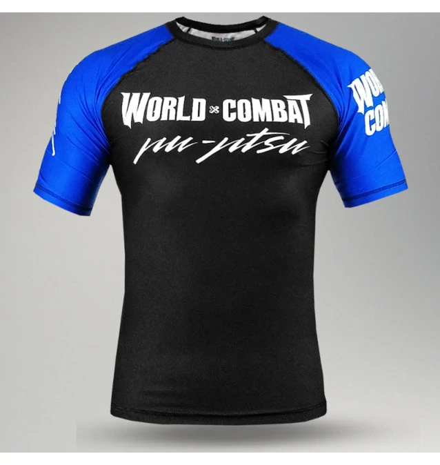 Rash Guard World Combat Competidor Manga Curta - Preto e Azul