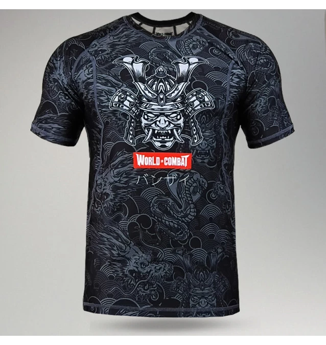 Rash Guard World Combat Samurai Warrior Manga Curta - Preto