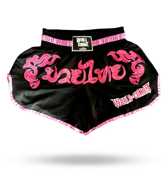 Short Muay Thai World Combat Thailand Style - Preto e Rosa