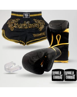 Kit: Luva World Combat Shock Black Gold + Short + Bucal + Bandagem