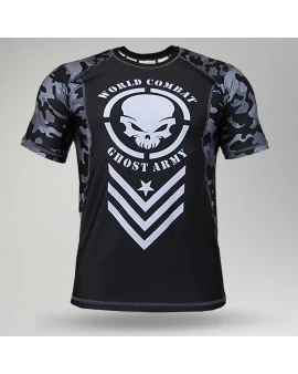 Rash Guard World Combat Ghost Army Manga Curta - Preto e Camuflado Chumbo
